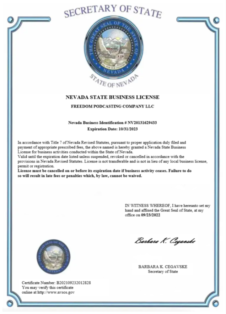 USA Nevada State certificate of business license Word and PDF template